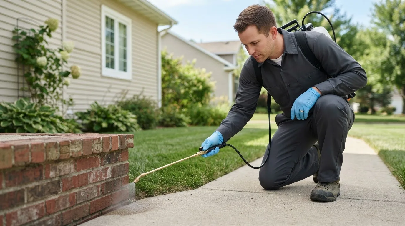 Pest control technician treating a home near Blue Springs, MS